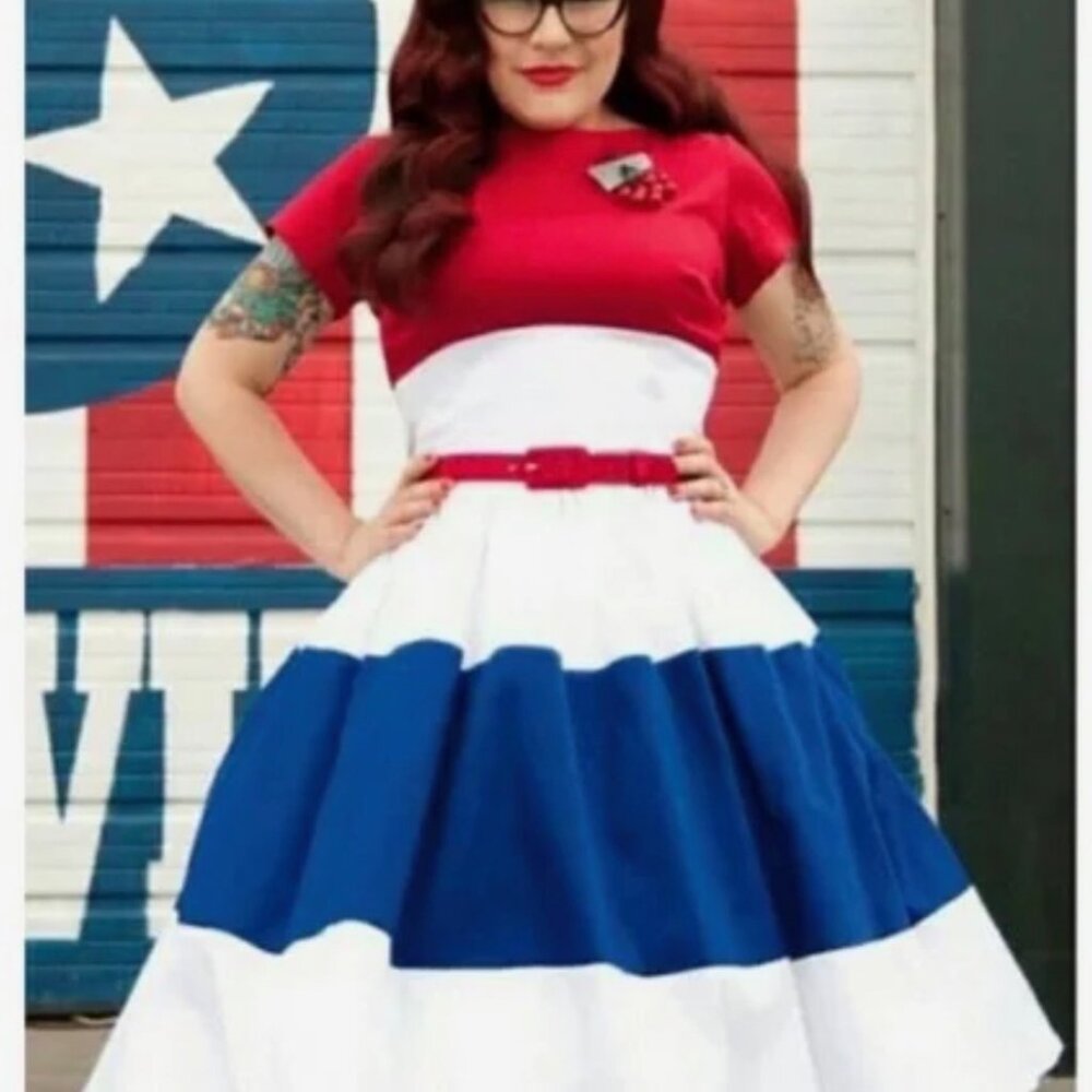 Pinup Girl Clothing Amanda Dress in Red, White and Royal Blue size M